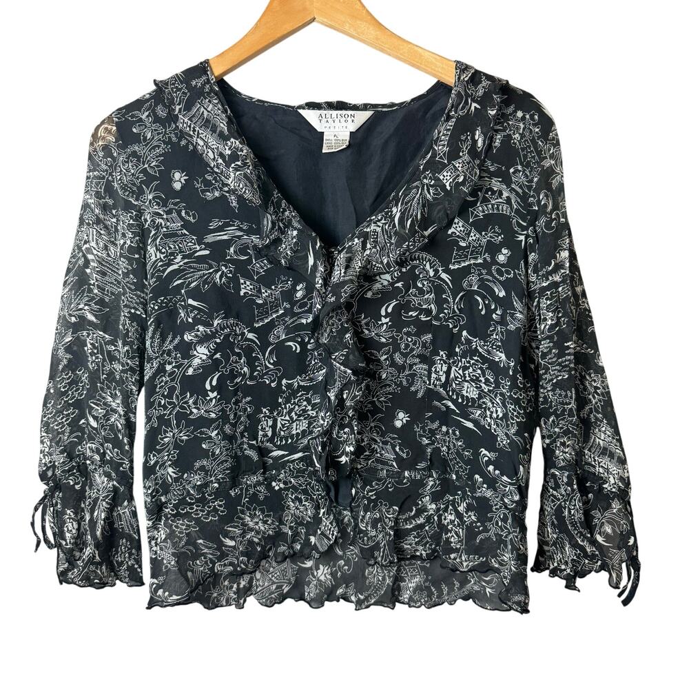 Allison Taylor Silk Blouse Women’s Petite Large Black Ruffle Whimsy Fairy Boho